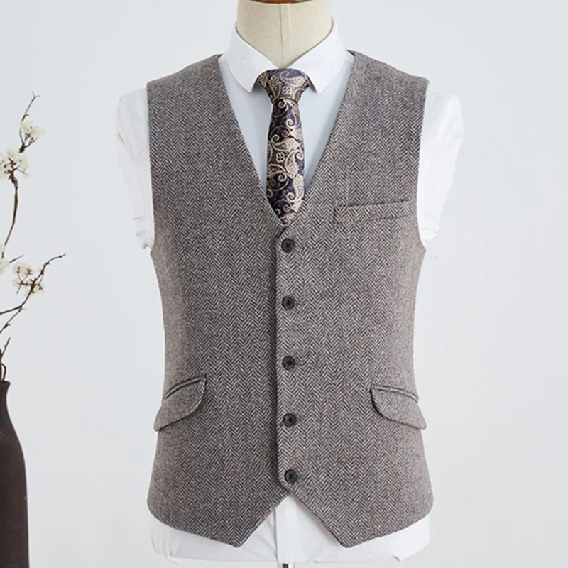 

Italian-Style British Herringbone Wool Vest, New Winter Vintage Light Brown Slim-Fit Waistcoat for Men