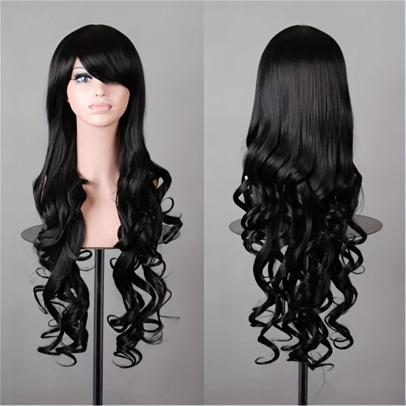 Women Long Wavy Synthetic Wig with Side Swept Bangs, Heat Resistant Fiber, Halloween Costume Party Cosplay Wig for Themed Events