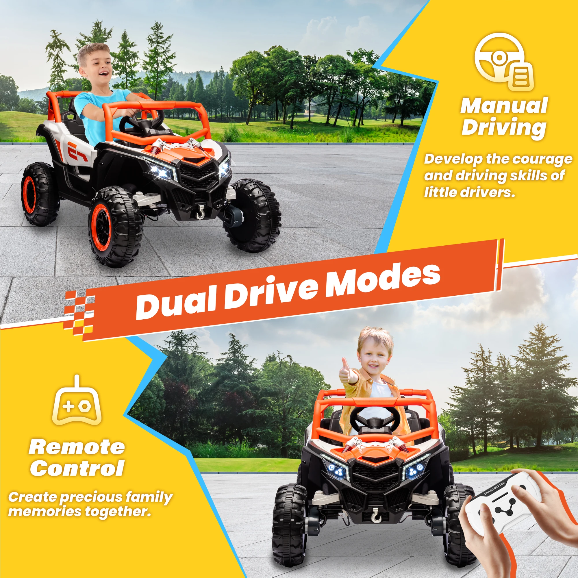 24V rit op auto voor kinderen met afstandsbediening, JOYRACER off-road UTV op batterijen, 4x150W motoren, 4 schokdempers, max. 4,5 mph