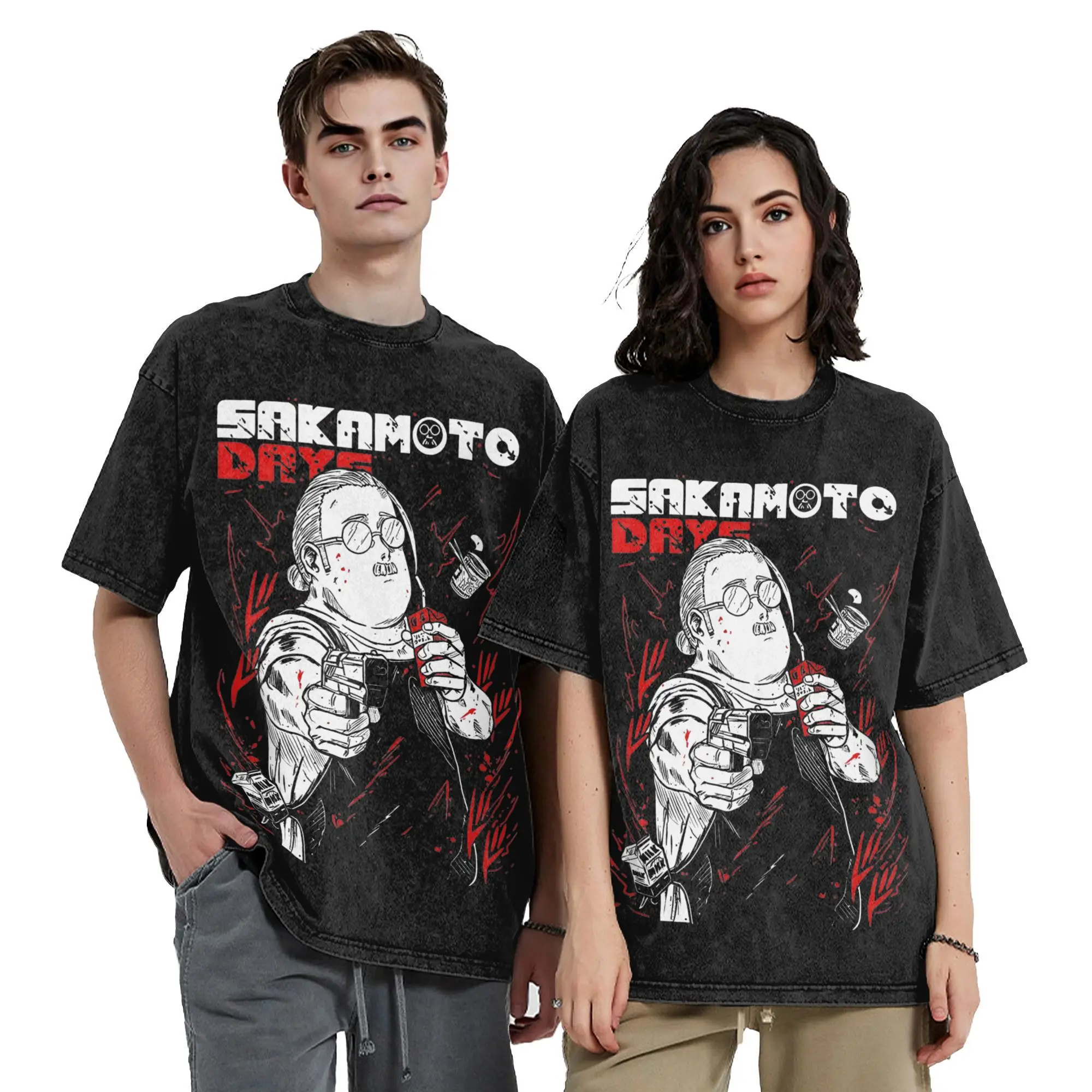 

Sakamoto Days Red & White Active Vintage Washed T Shirts Men Women Pure Cotton T-Shirts O Neck Tees Short Sleeve Clothes