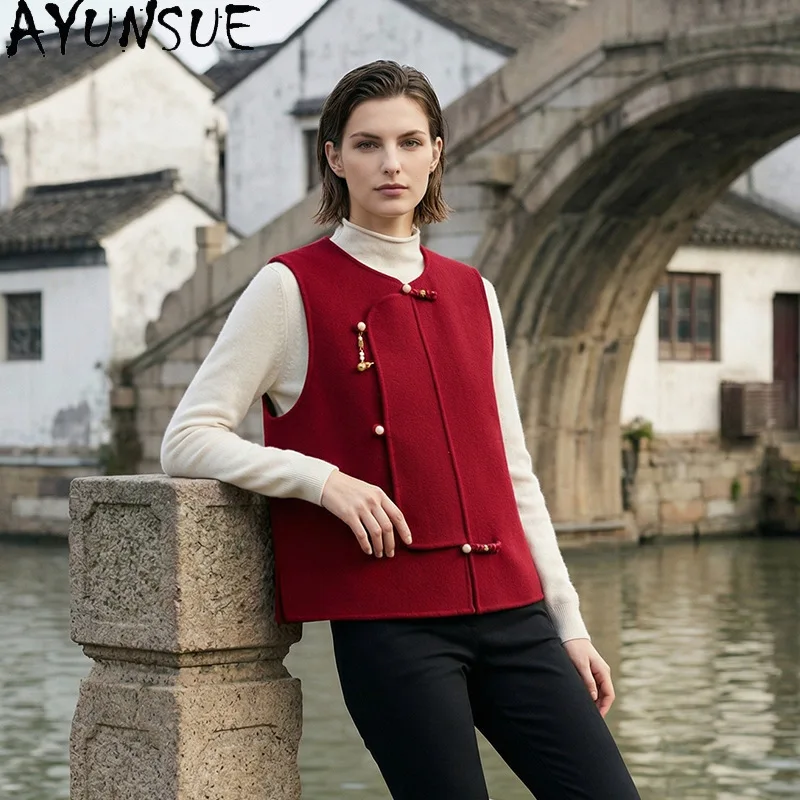 

AYUNSUE Women's 100% Wool Vest Chinese Style Double-sided Wool Waistcoat Sleeveless Red Tops for Woman Clothes Жилетка Женская