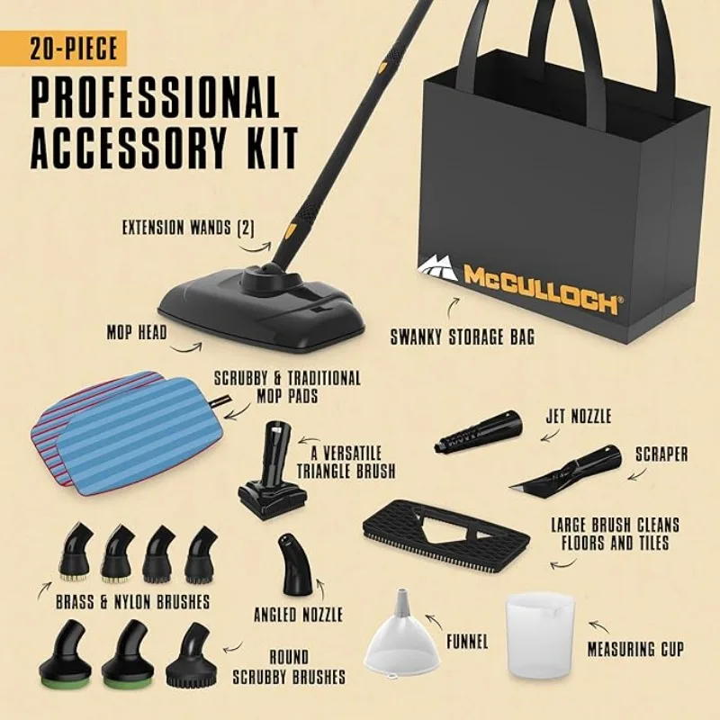 McCulloch MC1375 Canister Steam Cleaner with 20 Accessories, Extra-Long Power Cord, Chemical-Free Cleaning for Most Floors