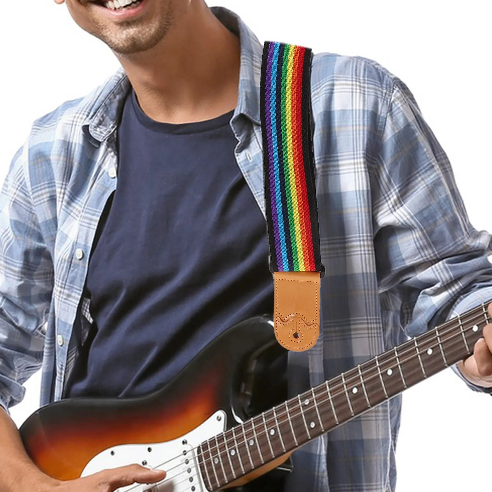 

Guitar Strap Rainbow Striped Shoulder Straps Bass Decor Wooden Cute Colorful Acoustic for Men Electric Belt Classical
