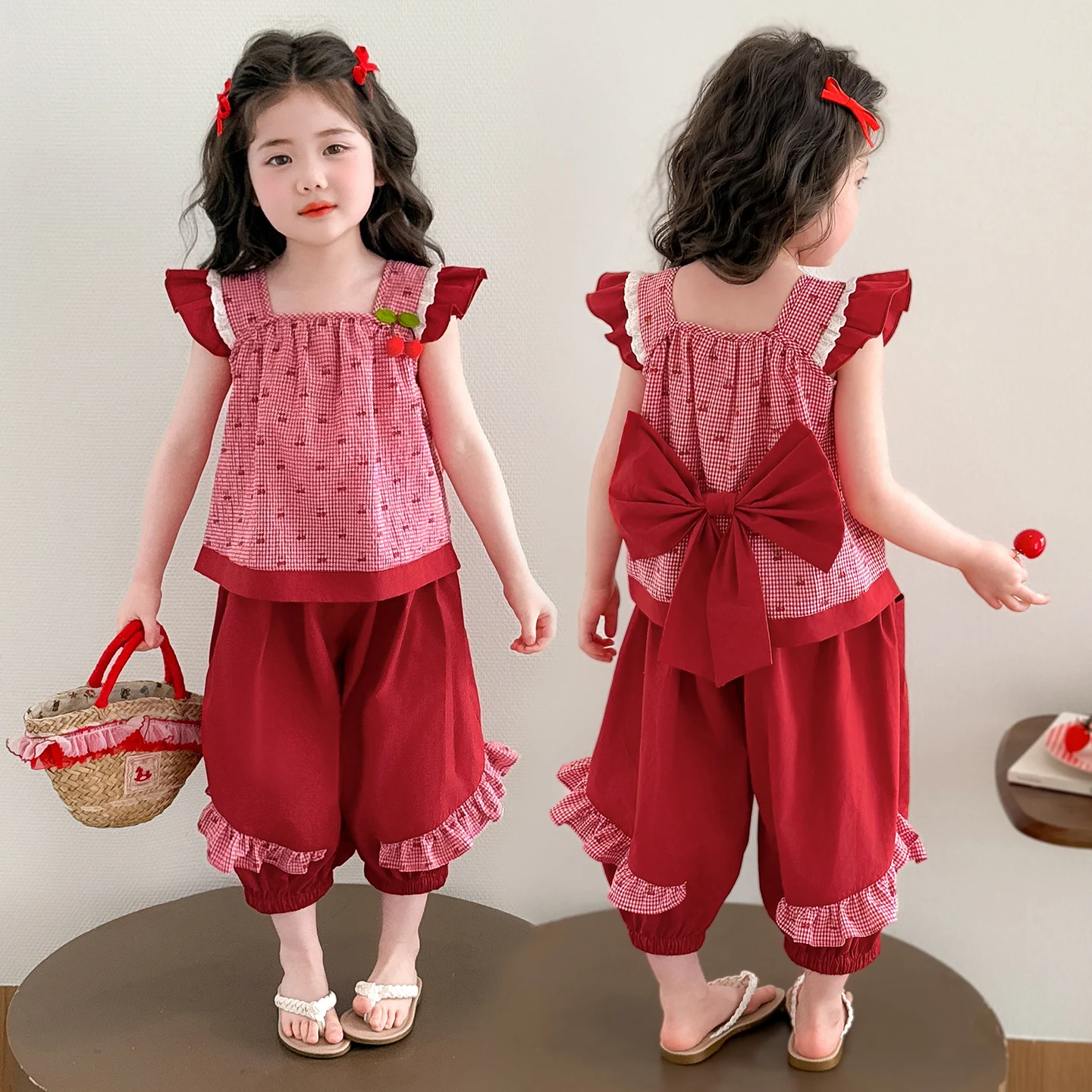 2026 Casual Cute 2 3 4 5 6 8 10 Years Bowtie Sleeveless T-shirt+Shorts 2 Pcs Baby Kids Girls Cherry Pattern Summer Clothing Set