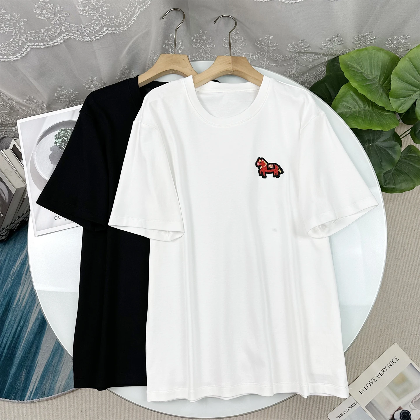 

Двусторонняя трикотажная футболка из чистого хлопка с коротким рукавом, парная модель, повседневный свободный крой, круглый вырез, для мужчин и женщин