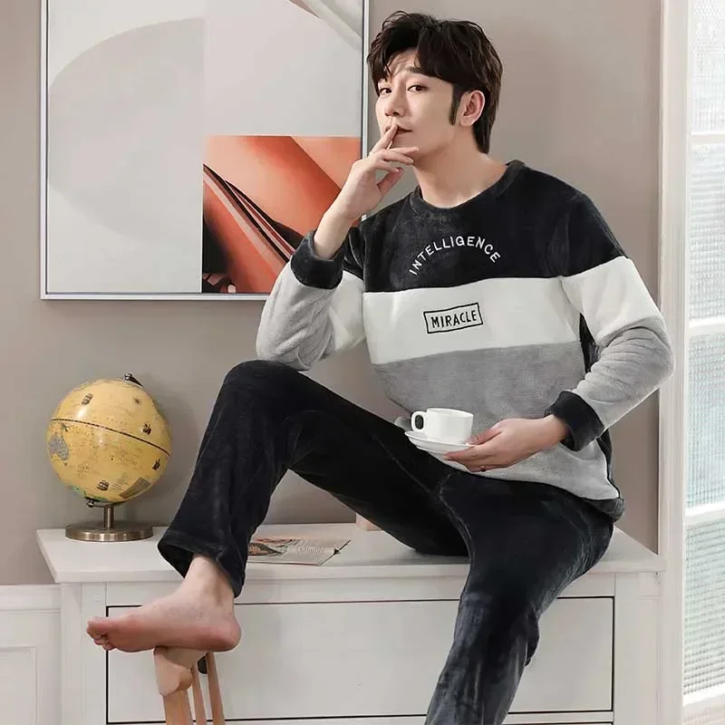 2023 Winter Long Sleeve Thick Warm Flannel Pajama Sets for Men Korean Loose Coral Velvet Sleepwear Pyjamas Homewear Home Clothes