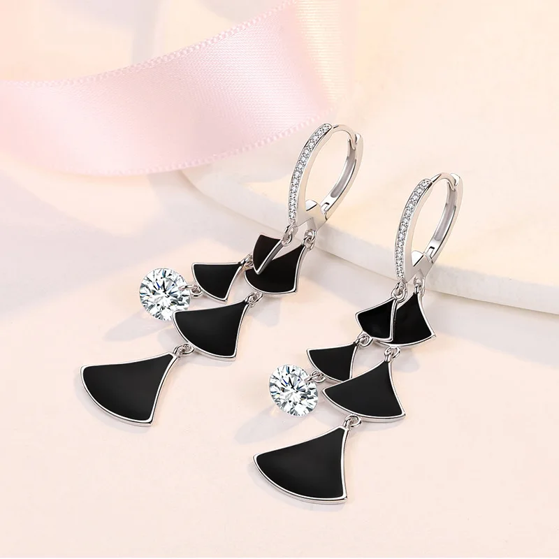 KOFSAC Personality Black Sector Tassel Long Earrings Women Glamorous 925 Sterling Silver Party Jewelry Shining Zircon Earring