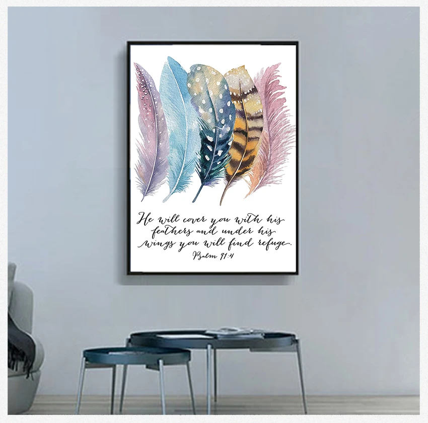 Birds Feathers Scripture Christian Quotes Canvas Painting Wall Art Home Decor Bible Verse Psalm 91:4 Poster Canvas Art Prints ,