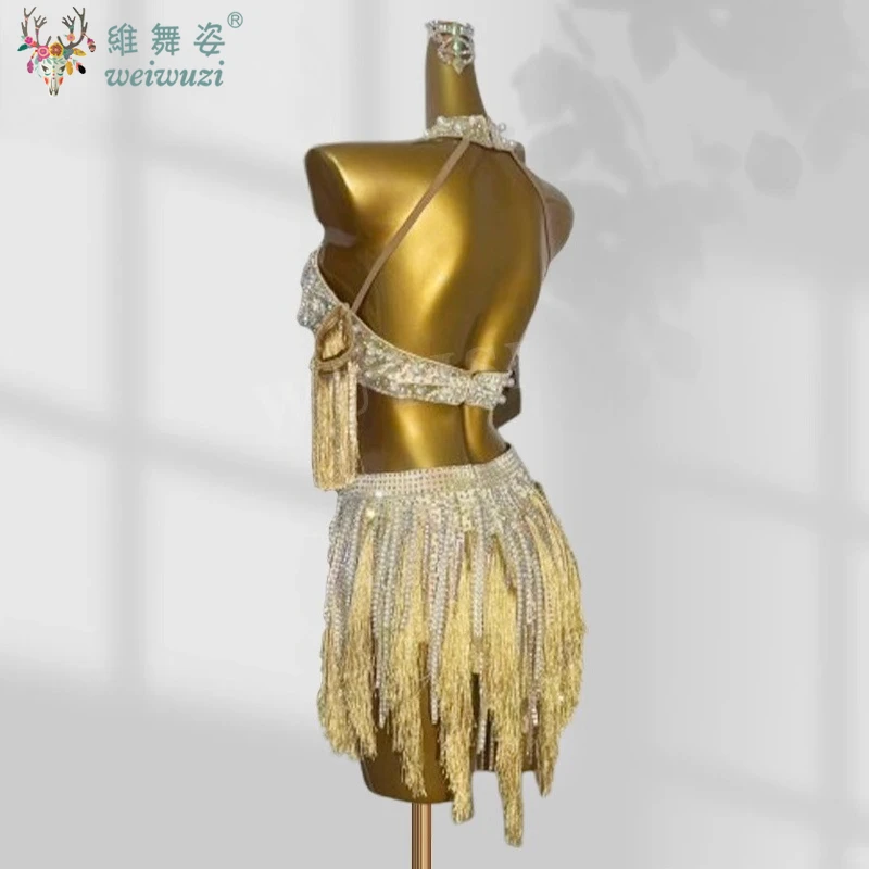 أزياء مسابقة الرقص اللاتينية رائعة لؤلؤة علوية + تنورة قصيرة شرابة 2 قطعة ملابس أداء التانغو السامبا رومبا النسائية #4