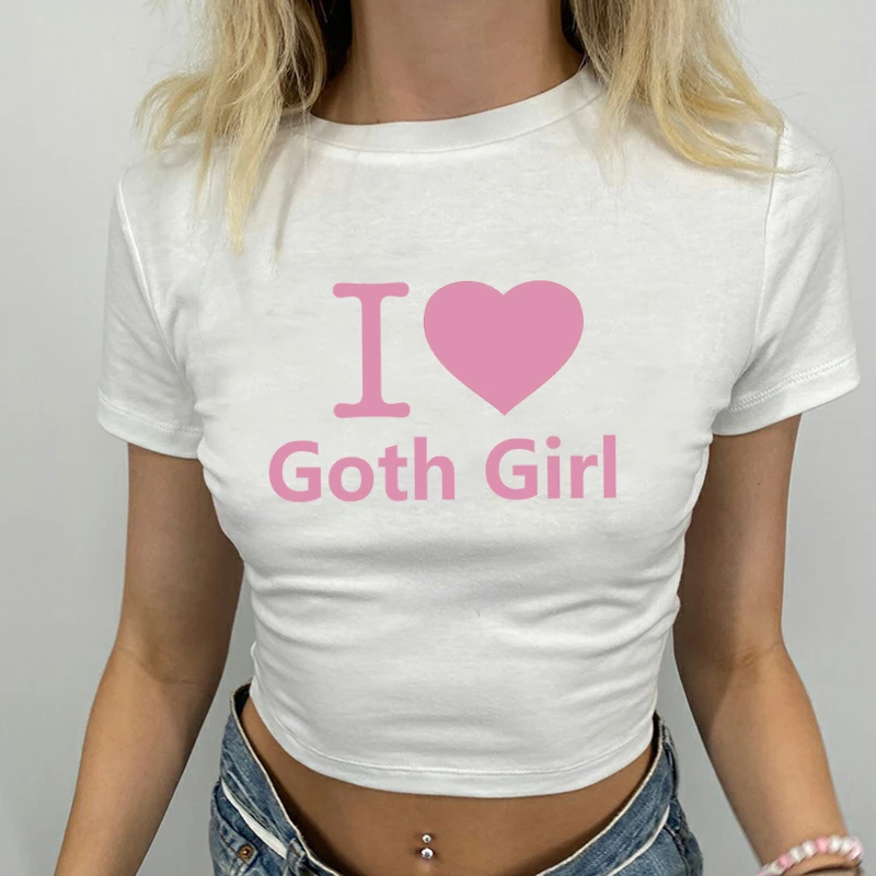 

Женские укороченные топы, приталенная милая детская футболка в стиле 1920-х, Харадзюку, с круглым вырезом, уличная одежда Y2k I Love Goth Girl, футболки с буквенным принтом