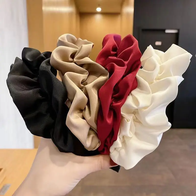 New 2023 Korean Big Wide Ruffles Satin Bezel Black Coffee Neutral Solid Color Hairbands for Women Girls Hair Accessories