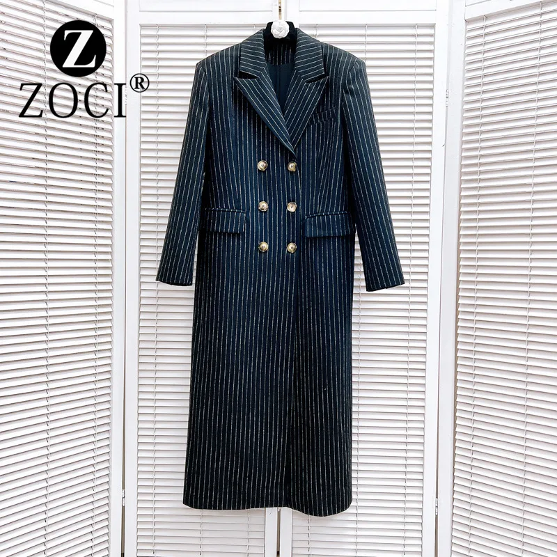 [ZOCI] Autumn Blazer Double Row Buckle Waist Versatile High Striped Suit Long Coat