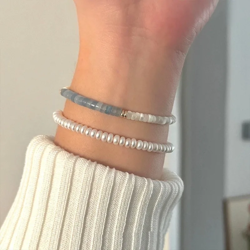 Minar Retro White Shell Natural Stone Turquoise Aquamarine Beads Beaded Strand Bracelets for Women Real Gold Plated Copper Chain