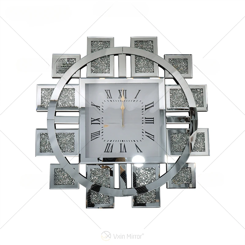 WXMC-082 Mirrored clock  crushed diamond Silver wall decor elegant luxury round mirror Clock