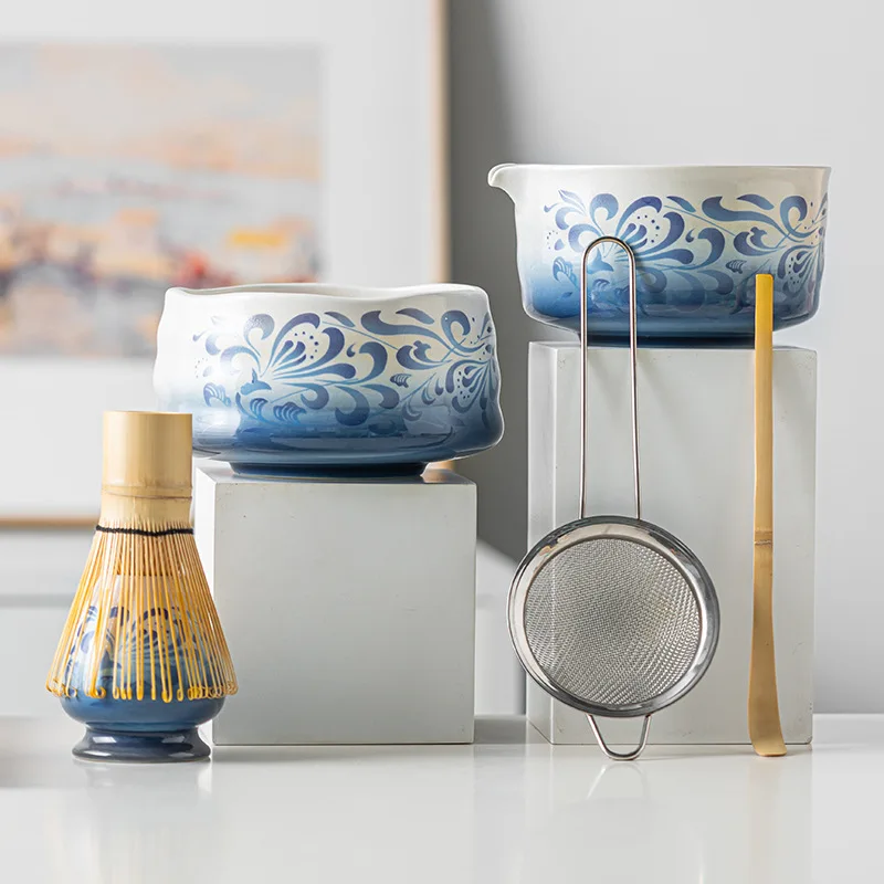 

Blue White Porcelain Matcha Set Traditional Style 5pc Bowl Spouted Whisk Complete Matcha Kit With Ceremony Tools For Beginners