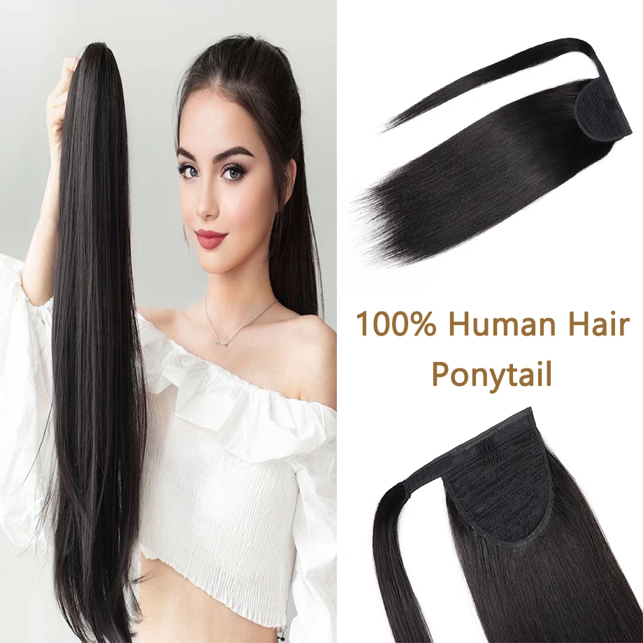 

Ponytail Extension Real Human Hair Silky Straight Wrap Around Ponytail Hair Extensions Jet Black Clip in Ponytail Hair Extension