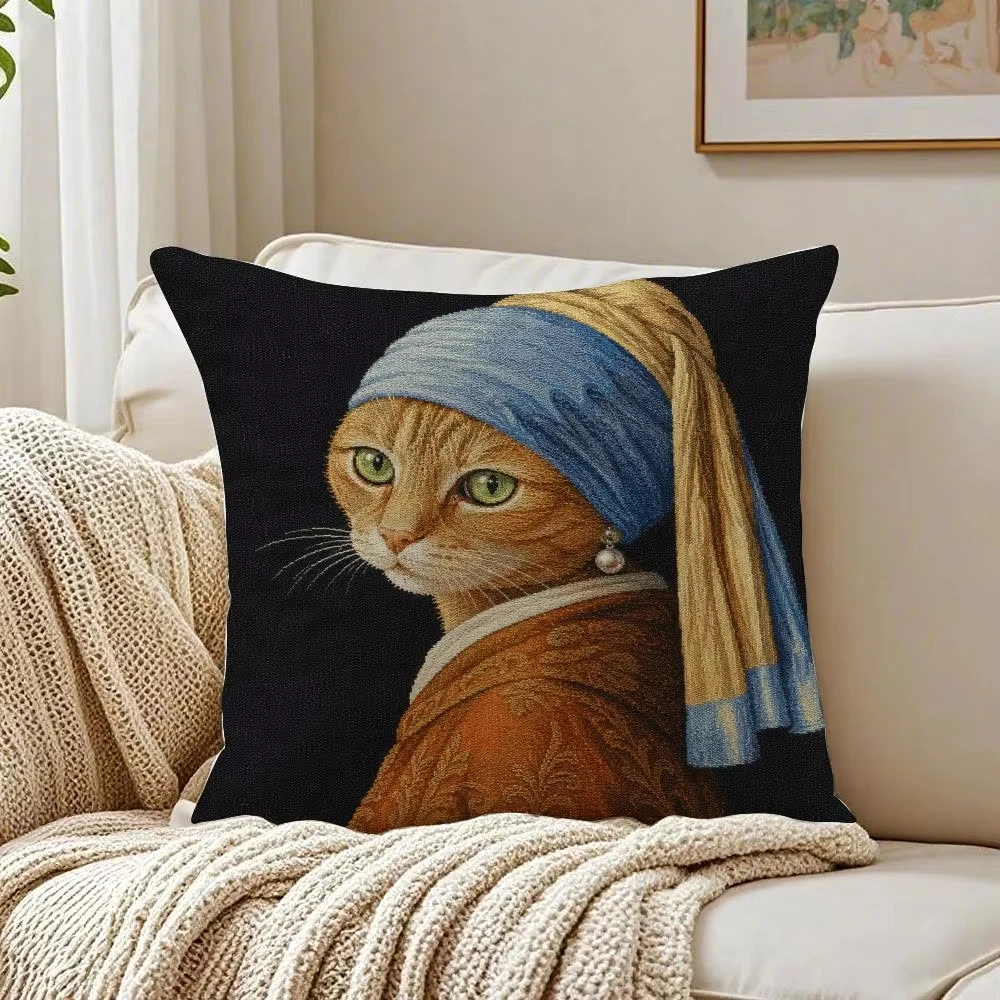 1pc Girl With Pearl Earring Cat Parody Throw Pillow Cover,2D Double Side Print Polyester Cushion Cover for Sofa Retro Art Home D