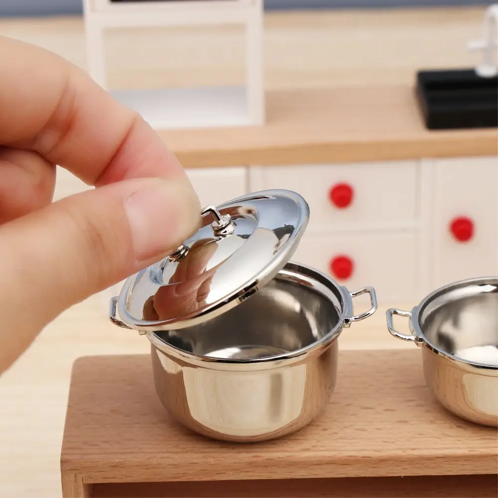 3 Sizes  Kitchenware Simulation Model Miniature Soup Pot With Cover Mini Cookware Dollhouse Accessories