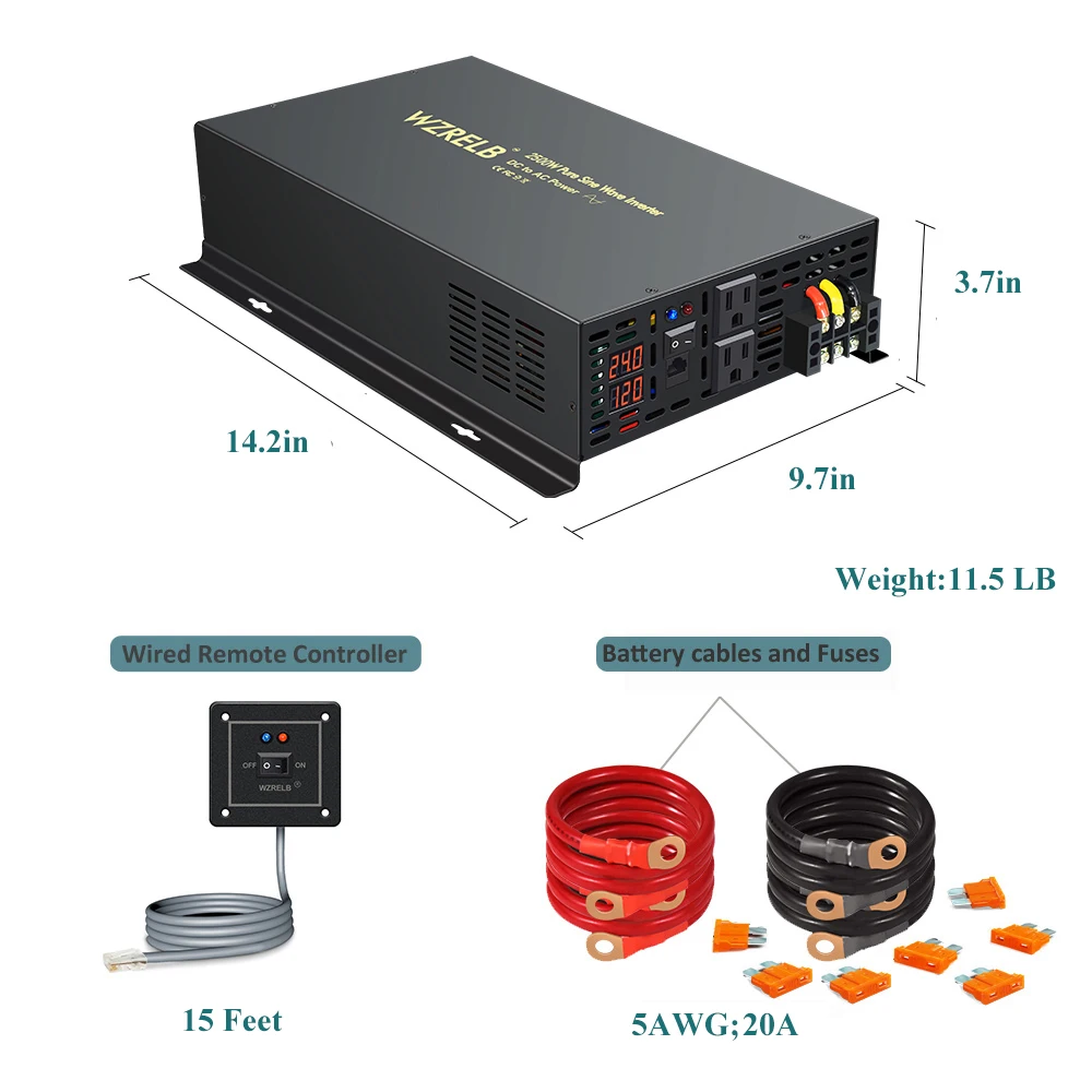 2500W Peak Pure Sine Wave Inverter Solar Inverter 12V 24V 36V 48V DC to 110V 120V 220V 230V 240V AC Power Supply Wired Control