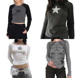 Y2K Fairy Grunge Long Sleeve Tops for Women Autumn Graphic Star Print Crop Top Tee Vintage Slim Fit Tees Shirt Streetwear