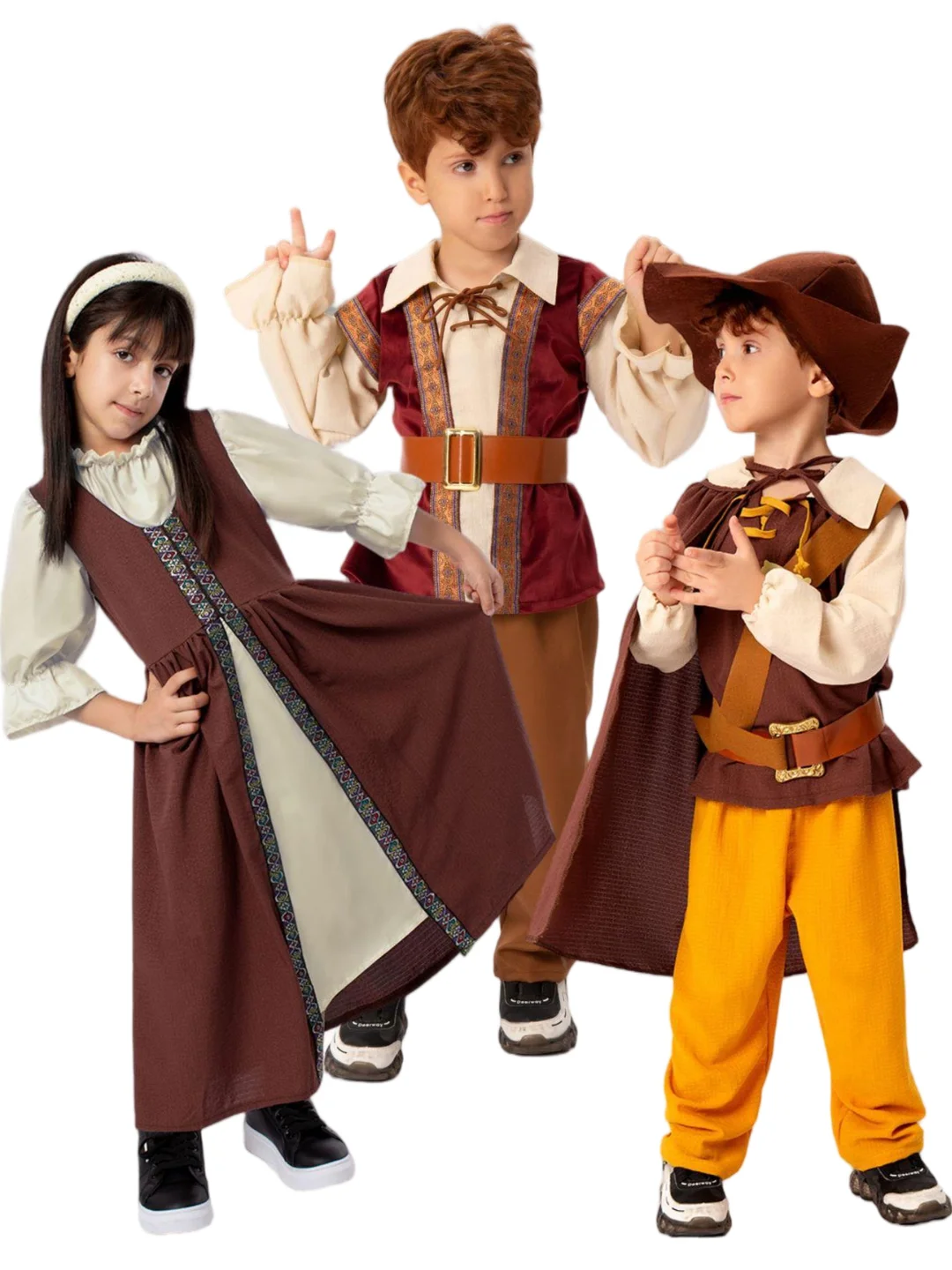 レトロ中世子供用パフォーマンス衣装長袖ウエストベルトナショナルダンスステージスーツ男の子女の子3-7歳