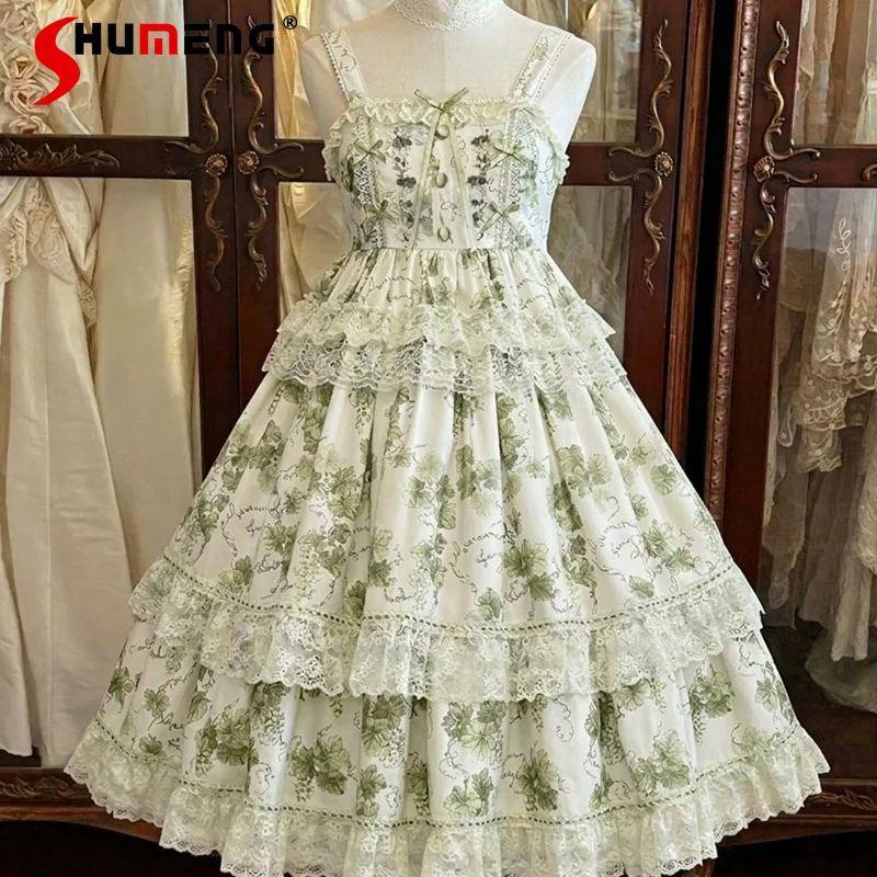 

Kawaii Clothes Y2k Green Grape Print Lolita JSK Dress Elegant Pastoral Style Tiered Ruffle Lace Sleeveless Casual Party Dresses