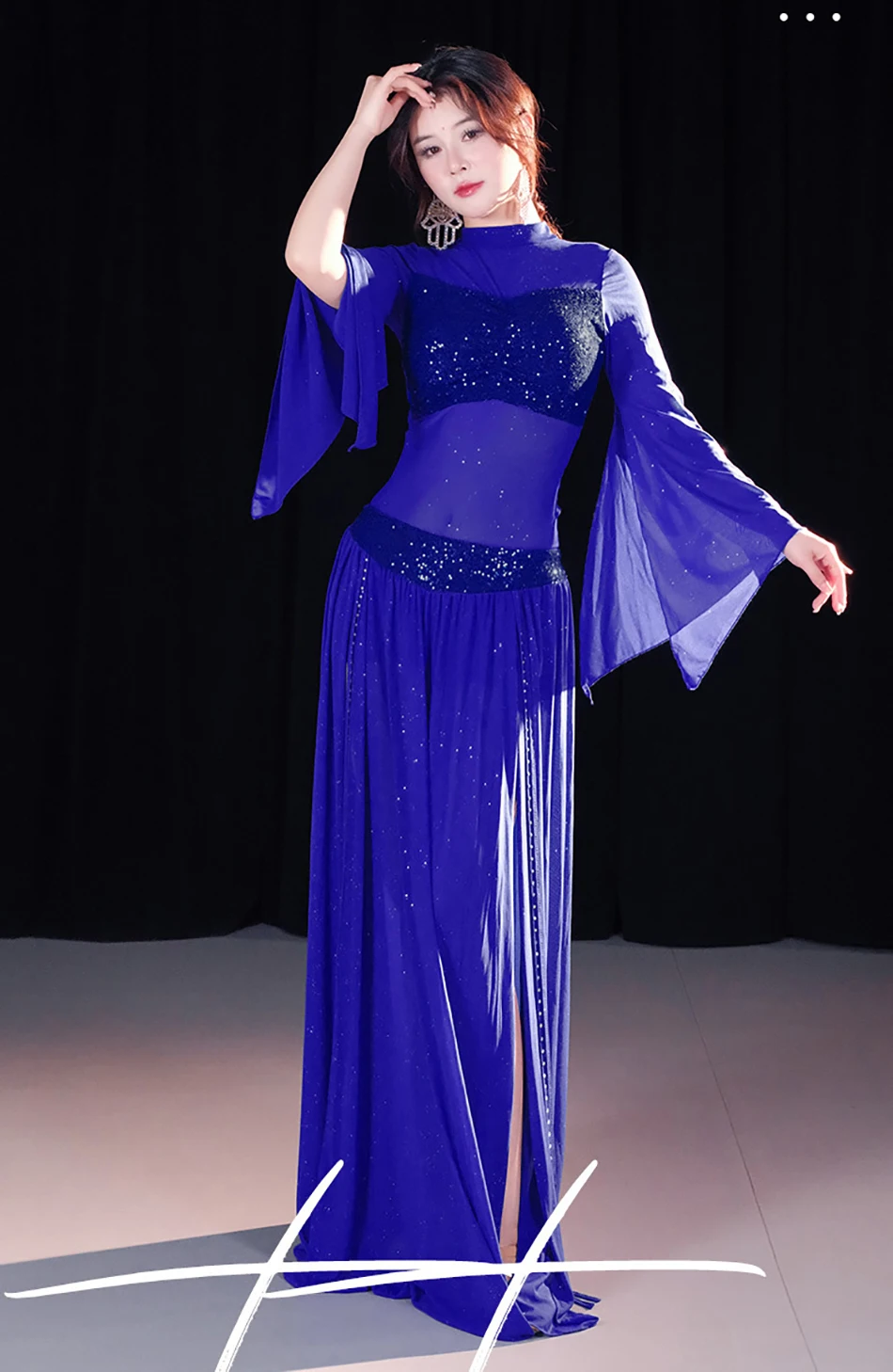 ベリーダンスパフォーマンス衣装女性のためのメッシュ長袖ダンス服衣装ダンス服セット大人の練習スーツ