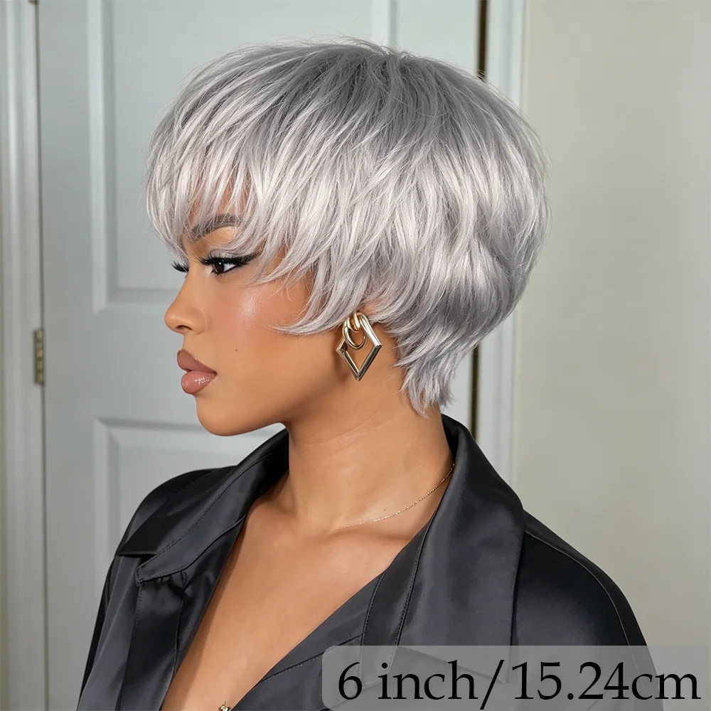Women's Short Gray Pixie Cut Wig With Bangs Full Machine Made natural Straight Layered Human Hair Wig for daily & event use