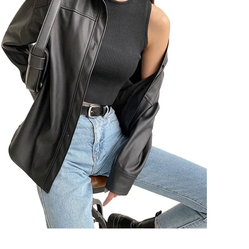 Veste en cuir PU pour femmes, Style moto, simple boutonnage, revers, chemise décontractée, nouvelle collection printemps automne