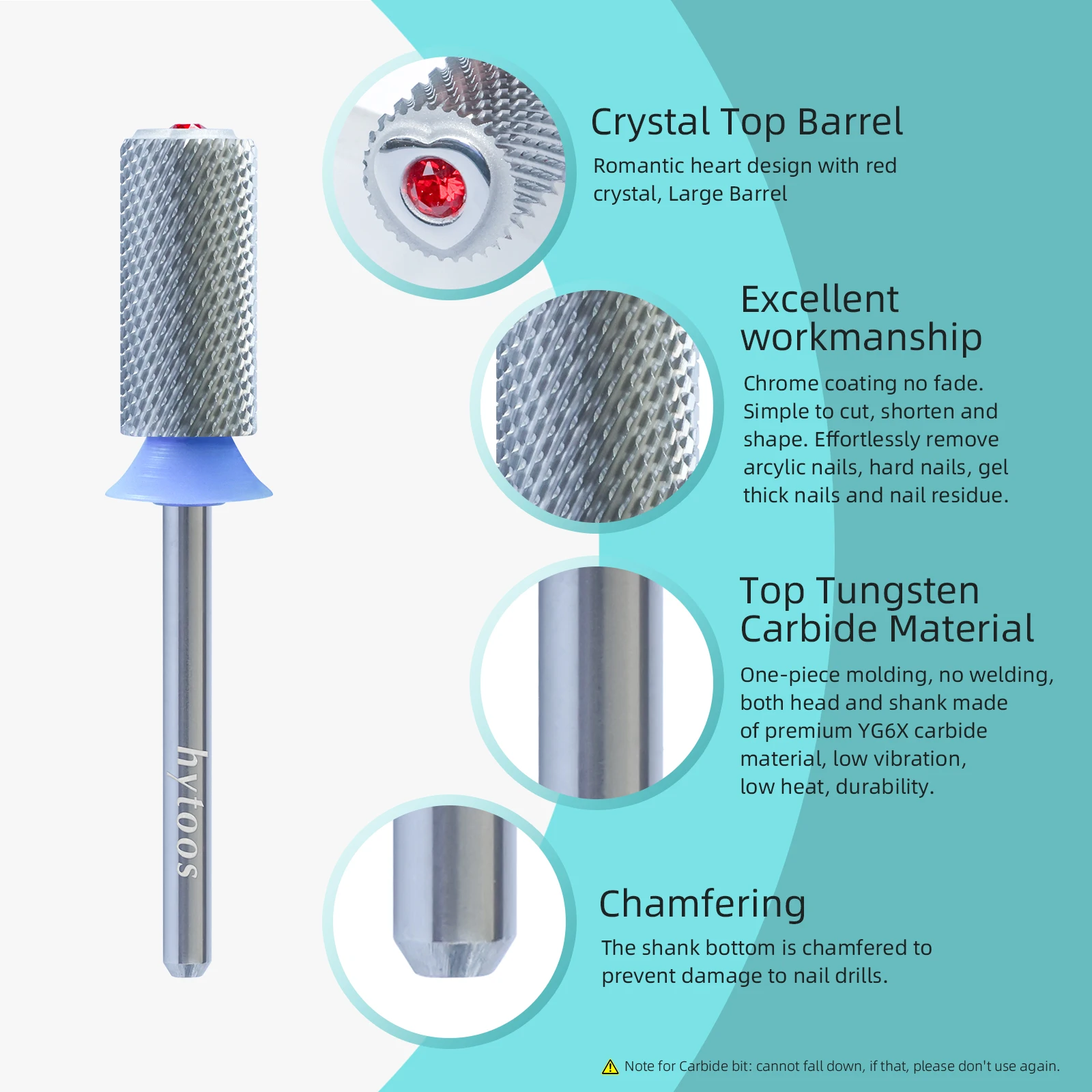 HYTOOS 6.6mm Crystal Top Barrel Nail Drill Bits Chrome Carbide Nail Bits 2 Way Manicure efile Art Remove Acrylic Gel