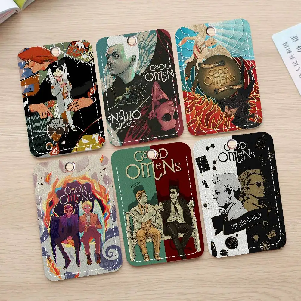 Tv Show G-Good Omens 1Pc PU Leather Card Holder Keychain Key Ring Door Lock Access Tags ID Card Case Keychain Card