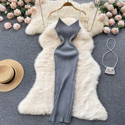 Sexy V-neck Sleeveless Bodycon Knit Midi Slip Dress Chic Sexy Fashion Party Dress Women Elegant Slim Beach Wrap Pencil Vestidos