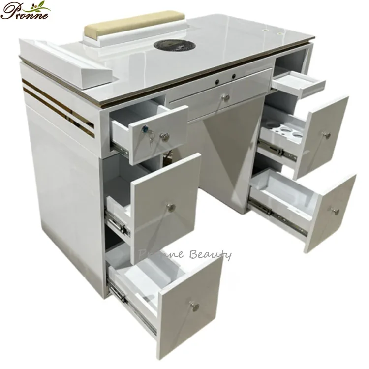 Premium Quality Manicure Table with Vacuum, Foldable White & Gold Rolling Nail Station, 110x40x70cm Tempered Glass Nail Desk 6