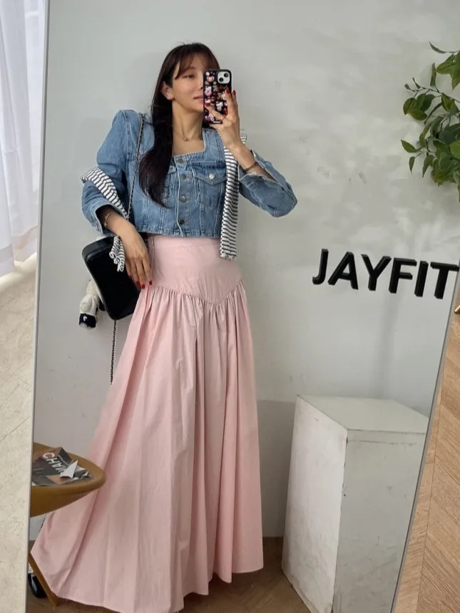 Falda acampanada plisada Retro para mujer, faldas largas blancas de cintura alta, diseño de artículo de otoño