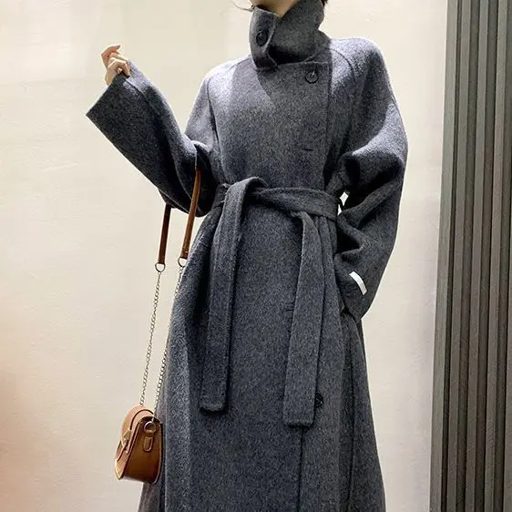 Autumn and winter new Korean version stand collar side buckle design loose double-sided cashmere coat women's foreign high-end