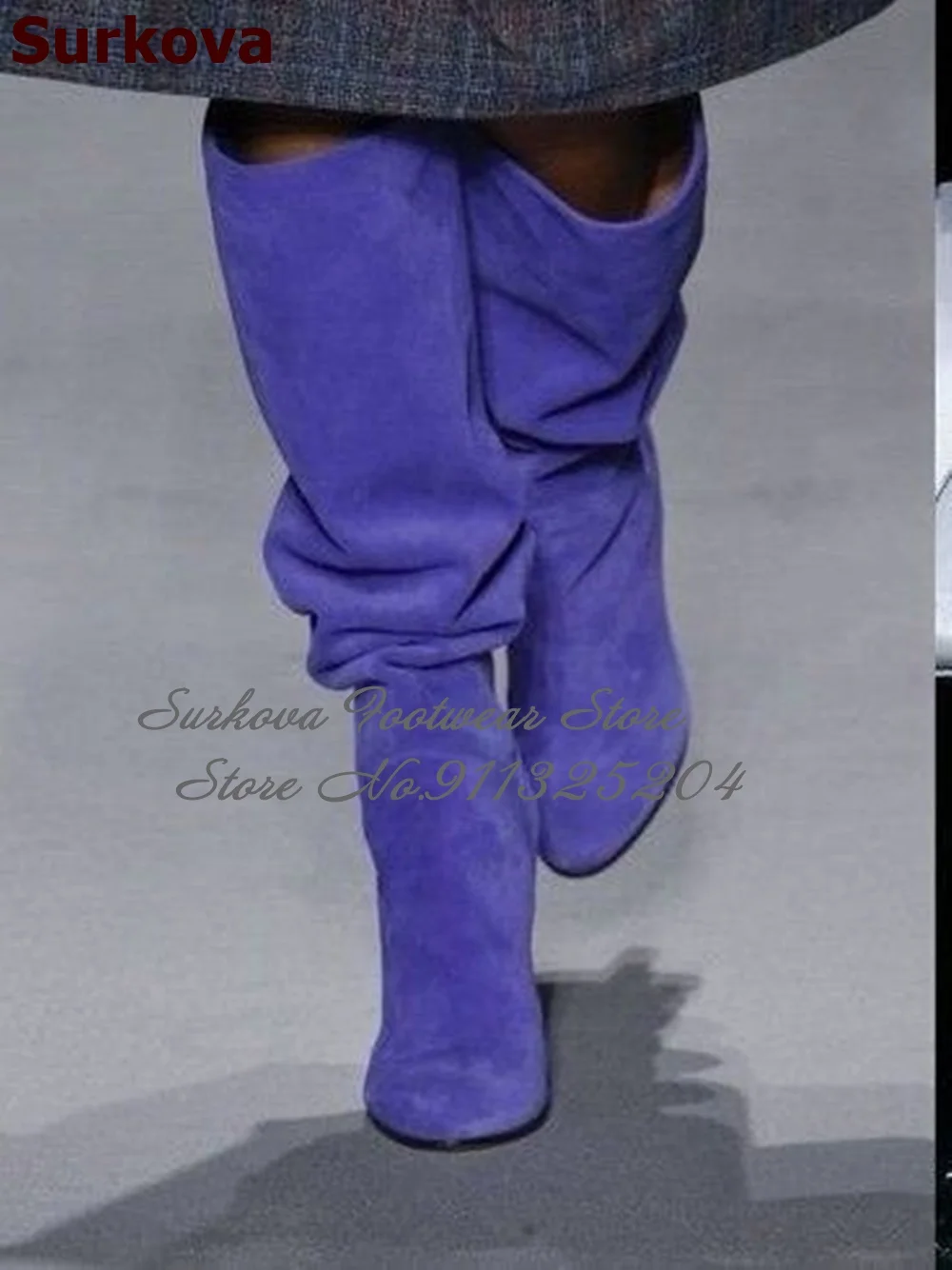 Surkova Blue Purple Suede Chunky Heel Knee High Boots Pleated Slip-on Long Boots Round Toe Folded Warm Dress Shoes Size46