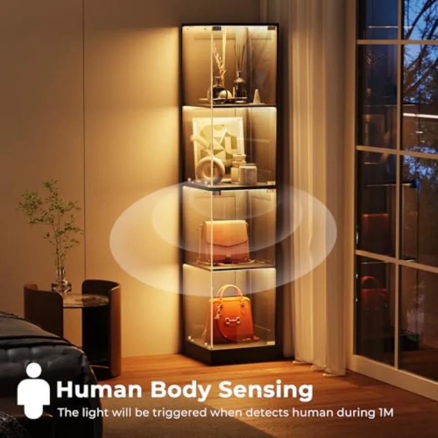 Corner display cabinet with glass doors, MDF wood in white, 3-color LED lights and human body sensor for collectibles, toys, bo view 3