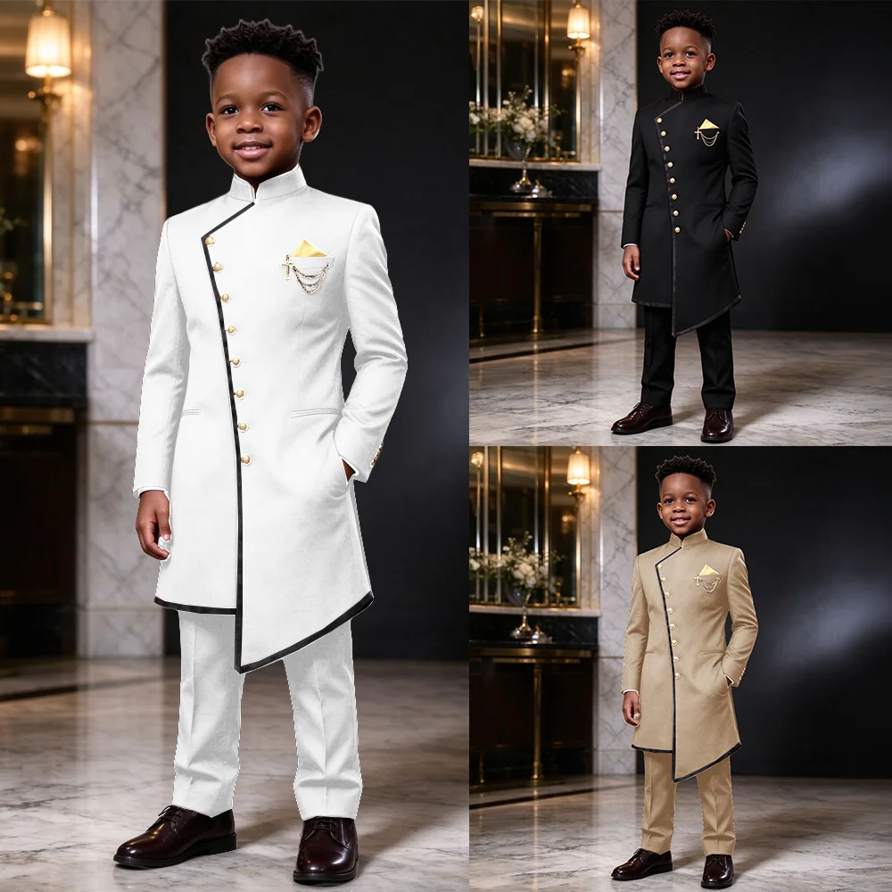 Boy's Stand Collar African Style Elegant Suits For Kids Slim Fit Formal Tuxedos Prom Boy Long Blazer Costume Homme