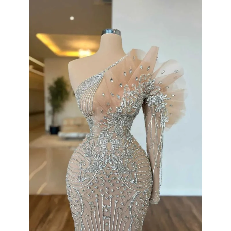 Elegant Beadeds Evening Dresses One Shoulder Floor Length Mermaid Prom Gowns Crystals Party Dress Vestdos De Fiesta Customized