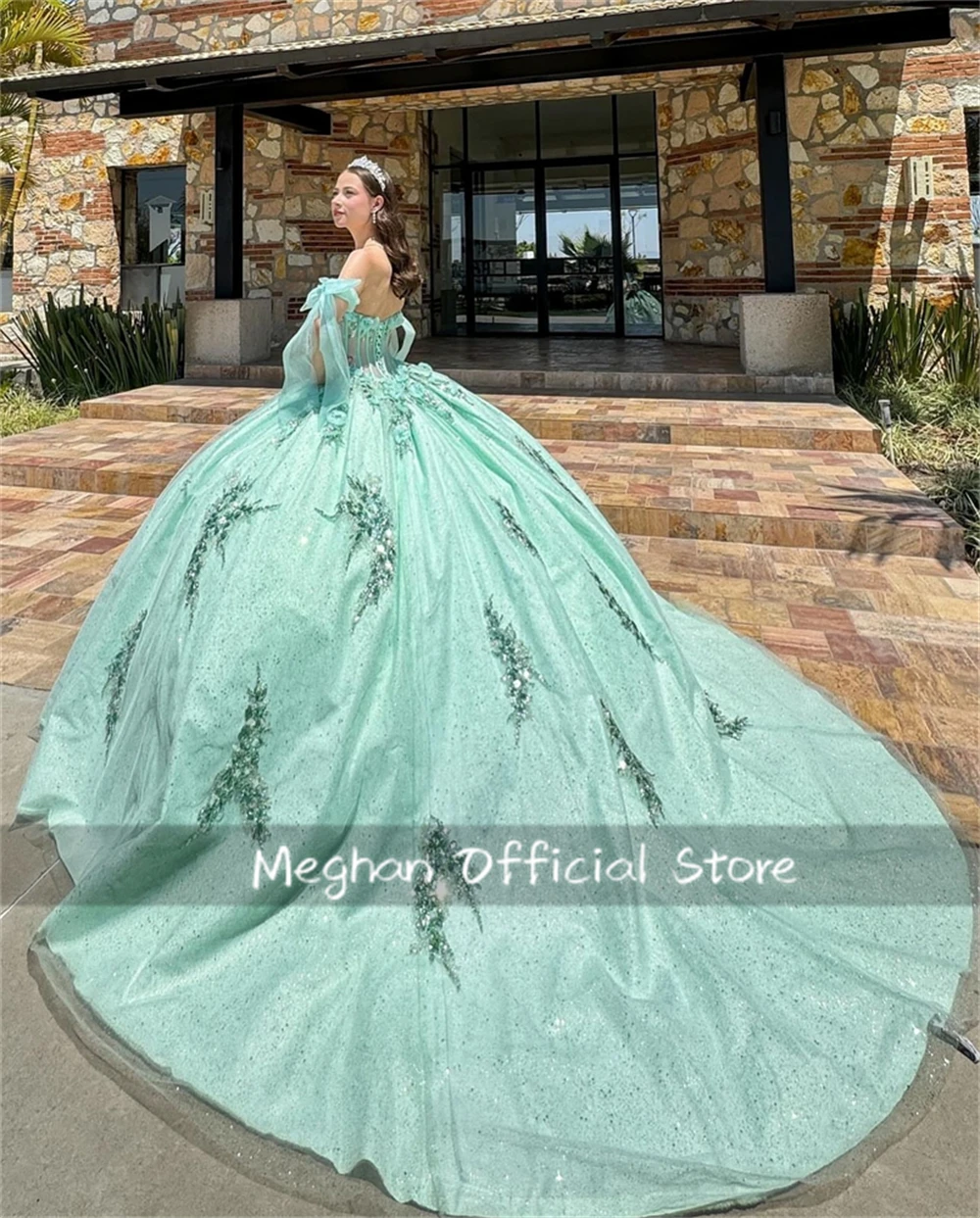 Green Off Shoulder Quinceanera Dresses Ball Gown Bead 3D Flowers 2024 Birthday Luxury Dress Appliques Princess Gown Customized