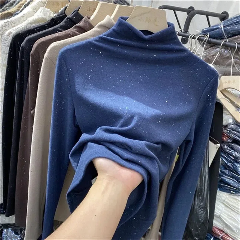 

2026 New Double-Sided Derong Sequin Half-Turtleneck Base Shirt For Women Autumn Winter