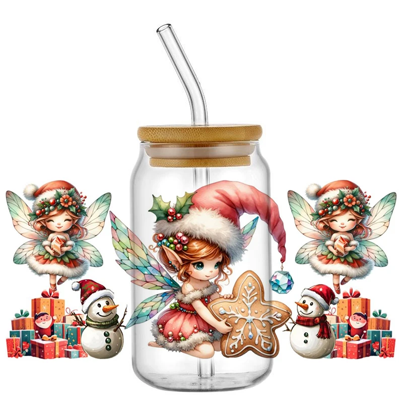 Miniso 3D Christmas Elf Decal Washable UV DTF Cup Wrap for 16oz Libbey Glasses DIY Xmas Pattern Mug Transfer Sticker