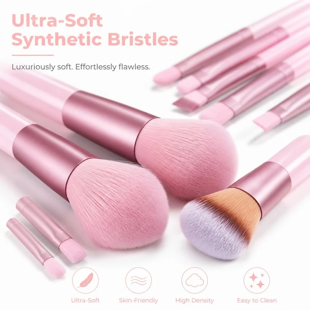 Daily Use Cosmetic Set 26 Pink Makeup Brushes 4 Triangular Sponges 1 Circle Puff 8 Blenders and Carry Case