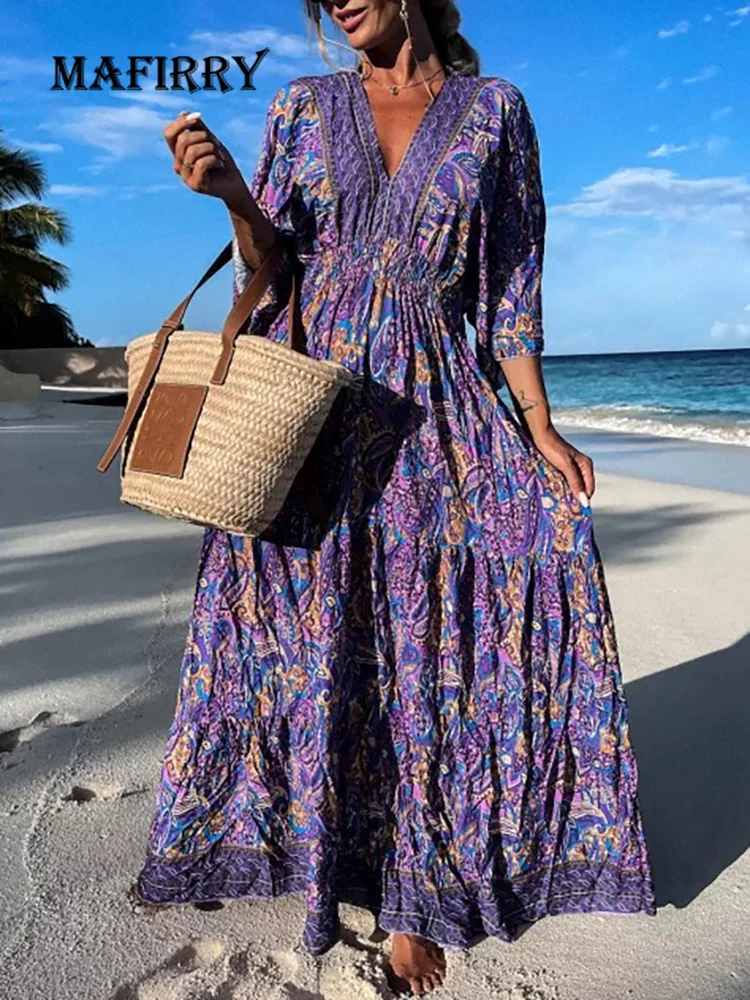 

Elegant Lady Chic Patchwork Office Dress Women Sexy Deep V Neck Print Party Dress Summer Half Sleeve Loose Maxi Dress Vestidos