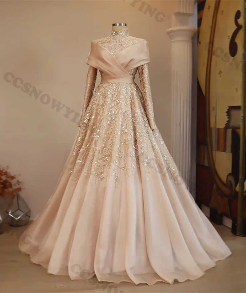 Luxury Organza Appliques Hijab Muslim Evening Dresses Long Sleeve Islamic Women Formal Party Gown Arabic Dubai Robe De Soiree