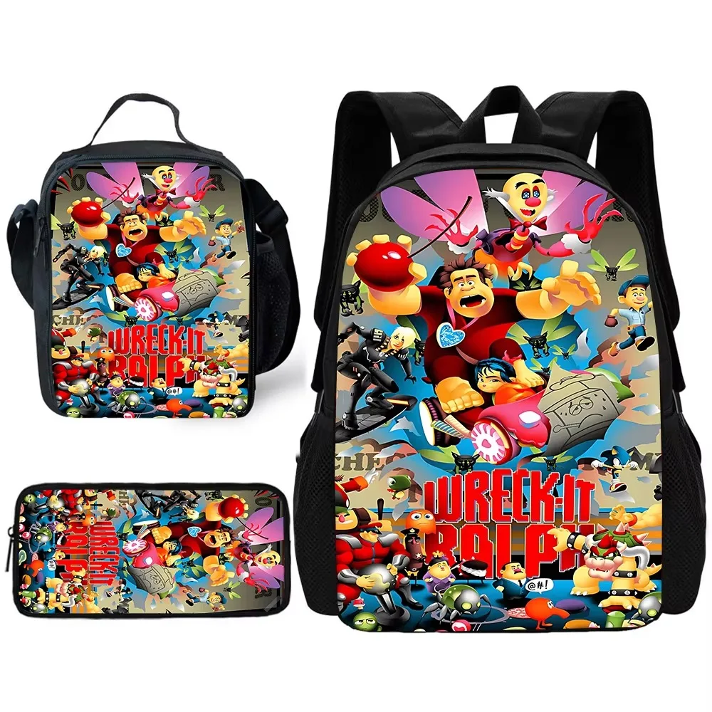 Wreck-It Ralphs Child School Backpack with Lunch Bags ,Pencil Bags ,School Bags for Boys Girls Best Gift