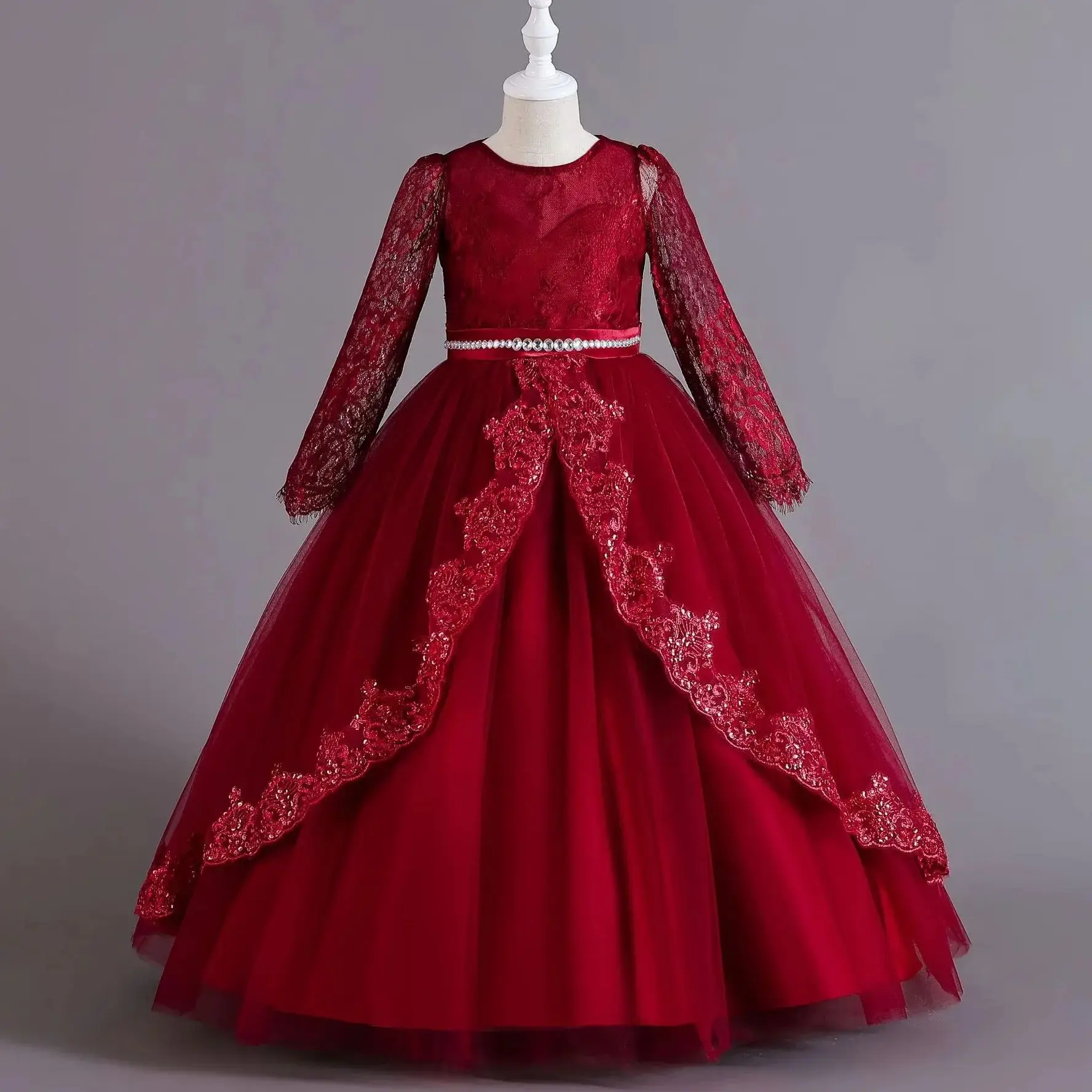 長袖スパンコールレース子供ドレスプリンセスドレス女の子フラワークリスマスセレモニーウェディングドレス