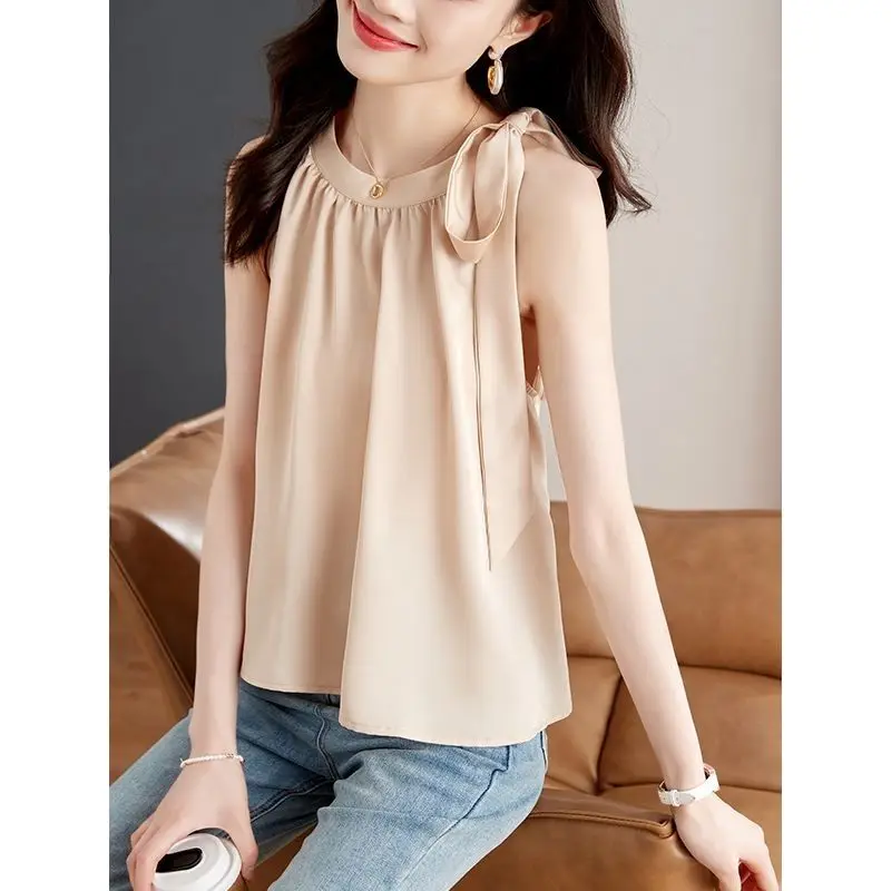 Fashion Chiffon Shirt Tops Summer New Sleeveless Solid Color Bandage Solid Loose Sweet Blouse Elegant Temperament Women Clothing