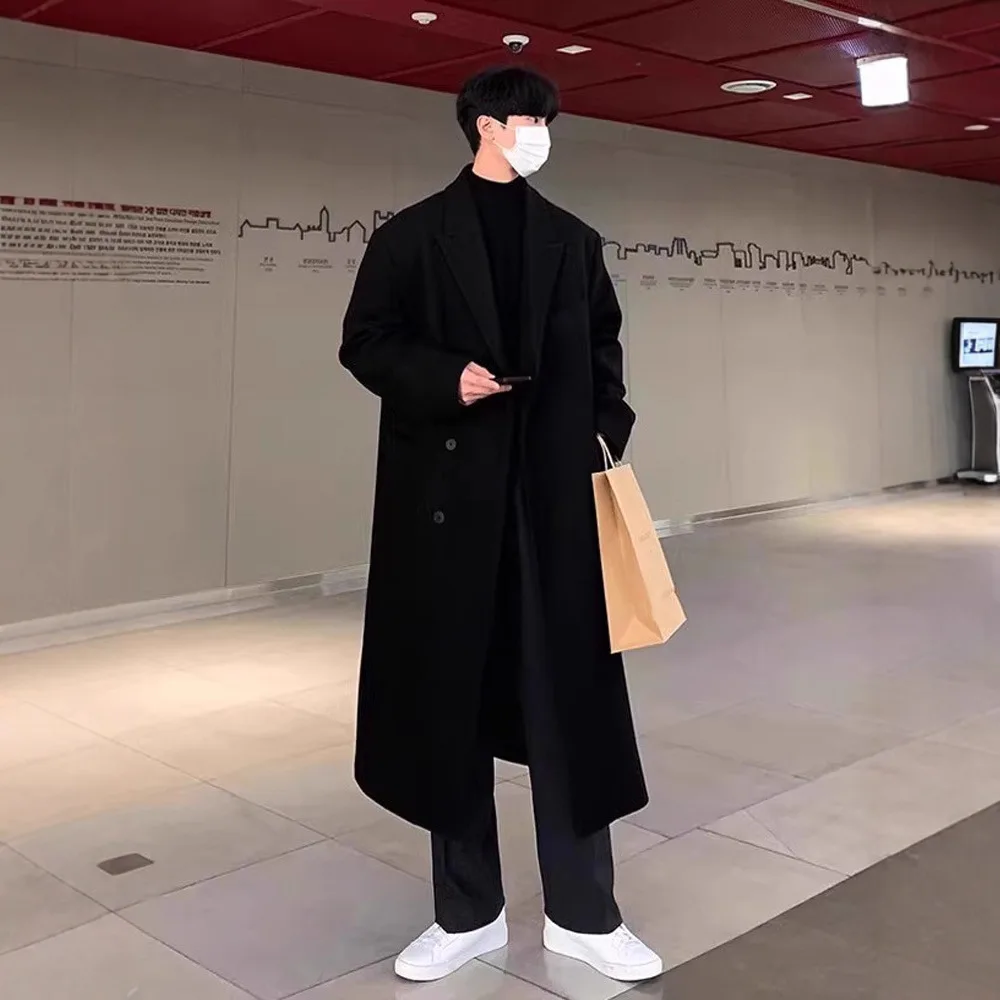 

Men's Mid-Length Over-Knee Woolen Coat Autumn Winter New Style Cashmere Shoulder-Drop Outerwear Korean Loose Fit Style