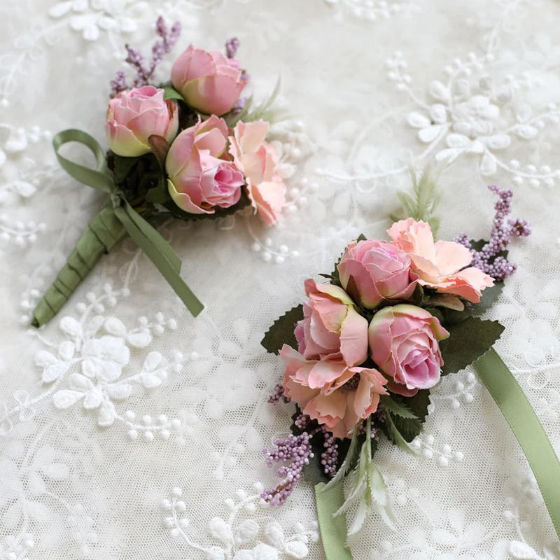 Boutonniere Corsage ข้อมืองานแต่งงานสร้อยข้อมือ Silk Rose ดอกไม้ Party Prom ข้อมือ Corsage แต่งงาน Boutonniere